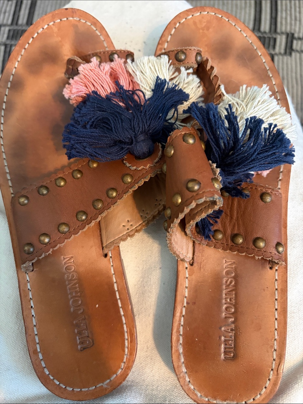 Ulla Johnson Tan Leather Tassel Slide Sandals